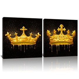 Derkymo 2 Pieces King and Queen Crown Pictures for Wall Black and Gold Canvas Art Fashion Artwork for Couple Anniversary Wedding Gift Stretched and Framed Easy to Hang 16"x16"x2pcs