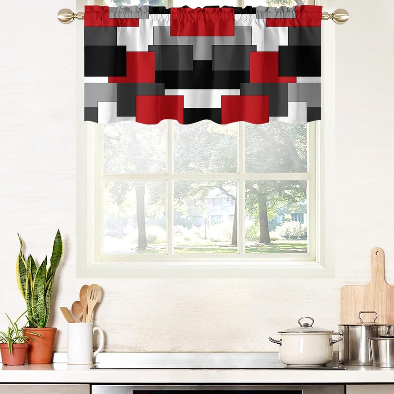 AAtter Red Black Kitchen Valance Curtain for Window Burgundy Rectangle