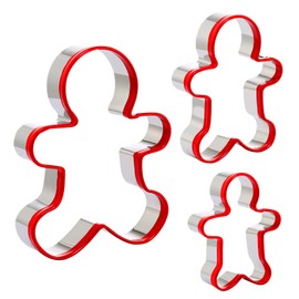 Gingerbread Man Cookie Cutters 3PCS, Stainless Steel Christmas Cookie Cutter Tools with Red Environmental PVC, Gingerbread Boy Shape Moulds Set for Baking
