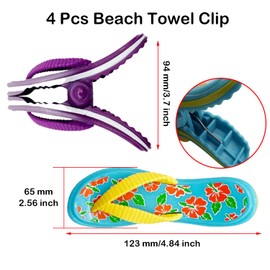 Paifeancodill Beach Towel Clip, 4 Pcs Flip Flop Lounge Chairs Clips Slippers Towel Clip, Oversized Cute Clothespin, Flip Flop Towel Holder Clothes Pegs Beach Towel Clip (Purple+Sky Blue Slippers)