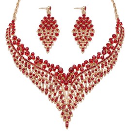 Zthread Wedding Bridal Jewelry Set Crystal Rhinestone Statement Necklace Vintage Collar Necklace Dangle Earrings Set for Women (Red)