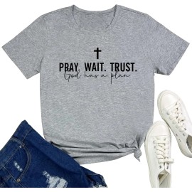 Women Pray Wait Trust Soft Sleeveless Crew Neck Cute Graphic T-ShirtsColor: Grey, Size: 3 XL