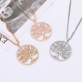 Anti-Allergic Stainless Steel Double-Layer Necklace Tree of Life Pendant Shining Crystal Fashion Jewelry for Women, Long Necklace Sweater Chain Gold Women Necklace for Mom, Friends Gifts