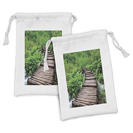 Ambesonne Forest Fabric Pouch Set of 2, Pathway in Pond over the Lake Natural Life Rainforest's into the Wild Realistic Art, Small Drawstring Bag for Toiletries Masks and Favors, 9" x 6", Brown Green