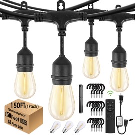 1-Pack 150 ft Outdoor String Lights for Outside with Remote Patio Lights Weatherproof, 45+3 Spare S14 Shatterproof Warm 2200K Bulbs, Linkable