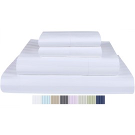 Threadmill 500 Thread Count King Size Damask Stripe, 4 Pc Luxury Cotton Bed Sheet Set, Silky Soft Hotel White Sheets with 16" Elasticized Deep Pocket, 2 Pillowcases & Free Tote Bag