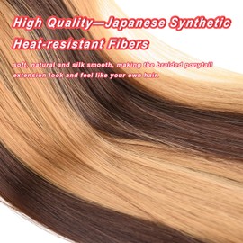 VOPPIS Long Braided Ponytail Extension 30 Inch Pre stretched Braiding Hair Extensions DIY Braid Ponytail Natural Soft Synthetic Hair Piece (Highlighted Dark Brown, 30 inches)