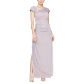 Alex Evenings Women's Long L-Neck Mesh Mother of The Bride Dress with Ruched Neckline (Petite and Regular Sizes), Mauve Glitter