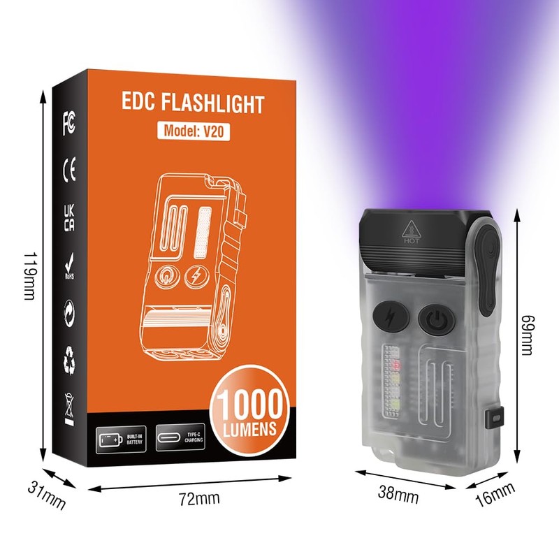 BORUIT V20 Small Powerful EDC Flashlight Bright USB C Rechargeable