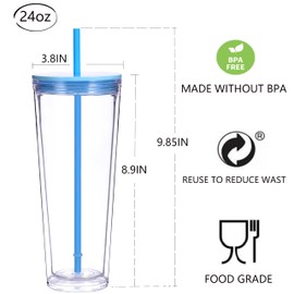 Alohastarttg 24oz Tumbler with Lid and Straw, Leak Proof and Double Wall Insulated Reusable Plastic Cups,Travel Reusable Iced Coffee Cup,BPA-Free,Fits in Cupholders (1, Blue)