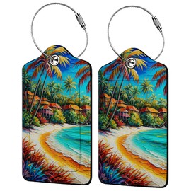 Seaside Town 2-Pcs Premium Leather Tags with Privacy Covers,Luggage Tag Stainless Steel Loops Ideal for Suitcases, Travel Bags, Backpacks