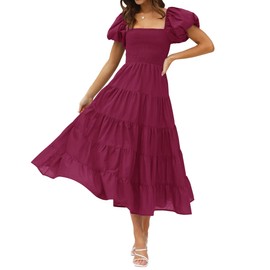 ZESICA Women's 2025 Summer Square Neck Short Puff Sleeve Solid Color High Waist Casual Smocked Flowy A Line Tiered Midi Dress,Fuchsia,Medium