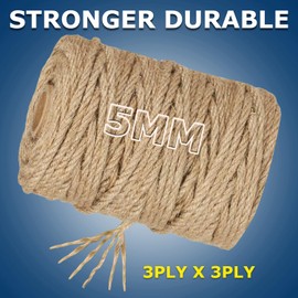 Jute Rope 5mm X100ft, Heavy Duty and Thick Twine Rope for Crafts Projects Cat Scratcher Scratching Post Tree Gift Wrapping Arts & Crafts Home Decoration Packing Christmas Twine Bulk
