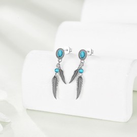 YAFEINI Feather Turquoise Earrings 925 Sterling Silver Bohemia Feather Earrings Western Jewelry for Women