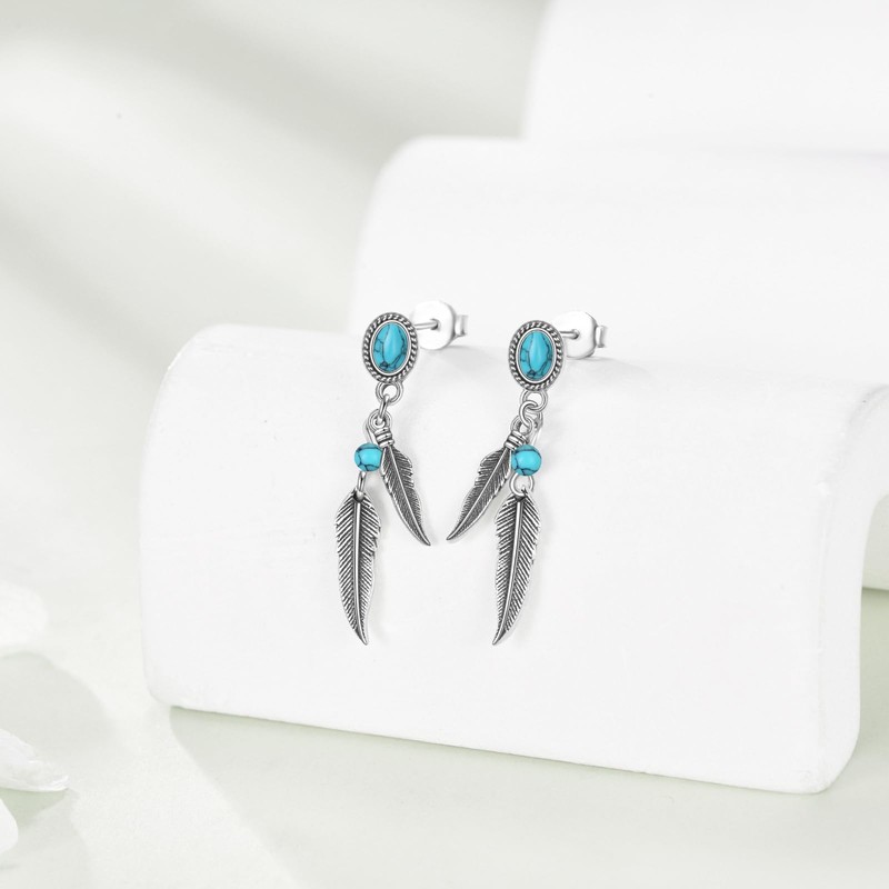 YAFEINI Feather Turquoise Earrings 925 Sterling Silver Bohemia Feather Earrings