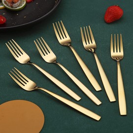 Golden Dinner Forks 6 Pieces, Kyraton Titanium Gold Plated Stainless Steel 19.5cm Table Forks Cutlery Forks Set, Silverware Set, Dishwasher Safe.