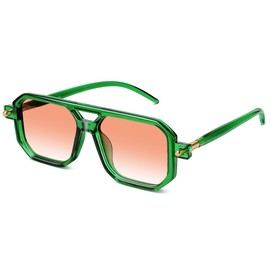 kunchu Retro Aviator Sunglasses for Women Men - 70s Trendy Square Vintage Shade Sun Glasses UV Protection (Transparent Green/Gradient Orange)
