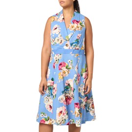 Eliza J Women's Plus Size Sleeveless Halter Neck Cotton Fit & Flare Dress, Blue, 18