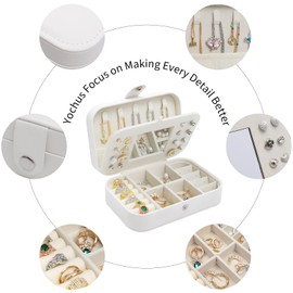 Yochus White Travel Jewelry Box with Mirror, PU Leather Small Jewelry Organizer for Women Girls, Portable Mini Travel Case Display Storage Holder Boxes for Stud Earrings, Rings, Necklaces, Bracelets