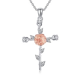 SHEAISRS Rose Cross Necklace 925 Sterling Silver Delicate Sunflower Pendant Ladies Mum Rose Jewelry for Women (Rose)
