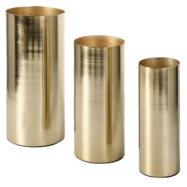 MyGift Jarrones de centro de mesa altos de metal en tono latón moderno, cilindro, juego de 3 - Tamaños grandes, medianos, pequeños, hechos a mano en India