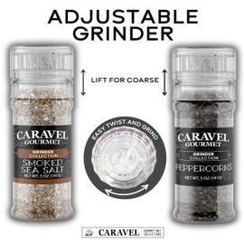 Black Peppercorn & Smoked Sea Salt Grinder Bundle for Grilling, Cooking, & Finishing, 5 oz Smoked Salt & Black Pepper Grinder for Fine & Coarse Grinds - Caravel Gourmet