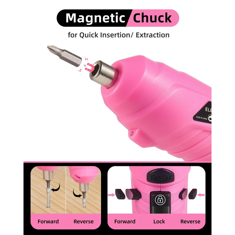 Durofort Pink Cordless Electric Screwdriver Set, 3.7V Rechargeable Small Electric