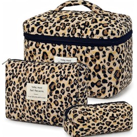 Set of 3 Women's Cosmetic Bags with Floral Pattern, Brown leopard print, Classic