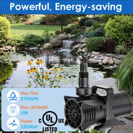 AquaMiracle 2700GPH Submersible Water Pump UL Certified Pond Pump with 20FT Cord, Adapters & Filter Bag, 120W Water Fountain Pump for Pond, Fountain, Waterfall, Fish Tank, Hydroponics