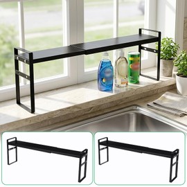 2 Pack Black Expandable Cabinet Shelf Organizer 13.7-23.6" L Stackable Black Small Narrow Tall Shelf for Windowsill Kitchen Organizer Window Sill Plant Shelf Stackable Shelves Bathroom, Sill Thin
