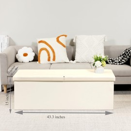 B FSOBEIIALEO Storage Ottoman with Filpping Lids, Ottoman Storage Bench Footrest Seat, Storage Chest Faux Leather 43.3"x15"x15" (White)