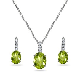 B. BRILLIANT Sterling Silver Peridot & CZ Oval-Cut Pendant Necklace & Huggie Earrings Set for Women