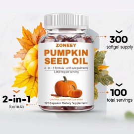 ZONEEY Pumpkin Seed Oil w/ Saw Palmetto 3000mg Per Serving Pure Virgin Oil 120 Softgels