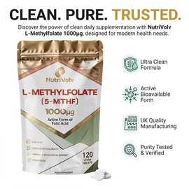 Folate (L-Methylfolate) 1000mcg | 120 Vegan Tablets | 5-MTHF (Vitamin B9) | 4 Months Supply | Active Methylated Form of Folic Acid | One-a-Day | Suitable for Pregnancy, Pure Formula | by NutriVolv