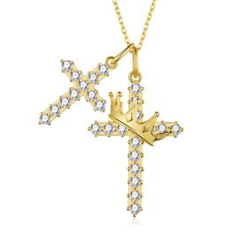 Cujiesp Double Cross Necklace for Women - 925 Sterling Silver Cross Necklace with Crown, Gold Plated CZ Diamond Cross Charm Faith Jewelry Religious Gifts for Women Men