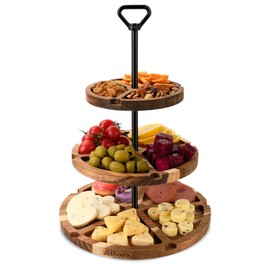 Elegant Charcuterie Boards Three Tiered Acacia Cheese Board and Cupcake Stand with 360° Easy-to-Spin Trays, Perfect for Gatherings, Housewarming Gifts, Celebrations, and Daily Usage.