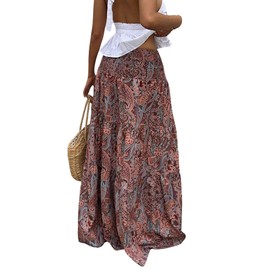 GORGLITTER Women's Maxi Skirt Paisley Pattern Long Skirt Summer Skirt Bohemian Holiday Skirt Lightweight Maxi Skirts Summer Beach Skirt Holiday Skirt, rust brown, XL