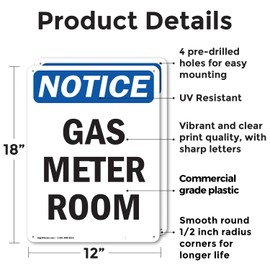 (2 Pack) Gas Meter Room OSHA Notice Sign 12 Inch X 18 Inch Plastic Sign, Weather Resistant, UV Protected for Workplace, Business, and Construction Site, Made in the USA