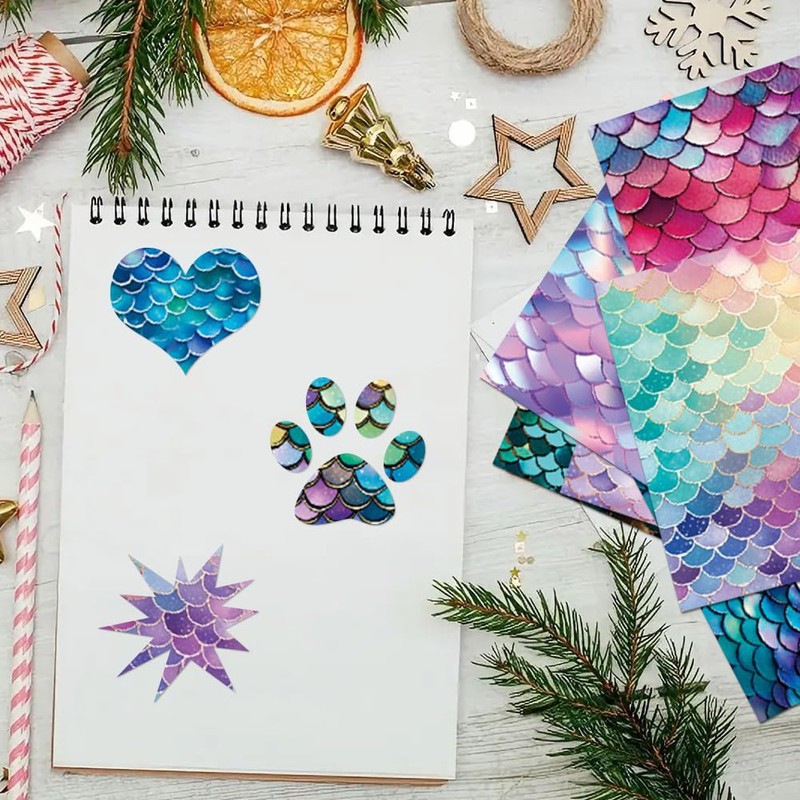 24 Mermaid Scale Scrapbook Paper Sheets, 6" x 6" Glitter