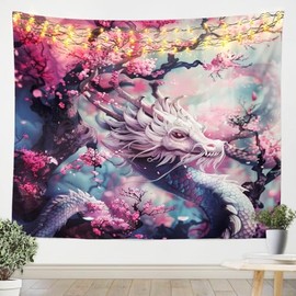 Feelyou White Dragon Tapestry Wall Hanging Exotic Dragon Tapestry for Kids Boys Girls Artistic Cherry Blossom Wall Tapestry Wild Ancient Animal Wall Art for Bedroom Living Room,XLarge 70x92 Inches