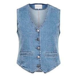 KAFFE Women's Denim Vest, V-Neck, Buttons, Tailored Fit, Waist Length Waistcoat, Light Blue Washed Denim