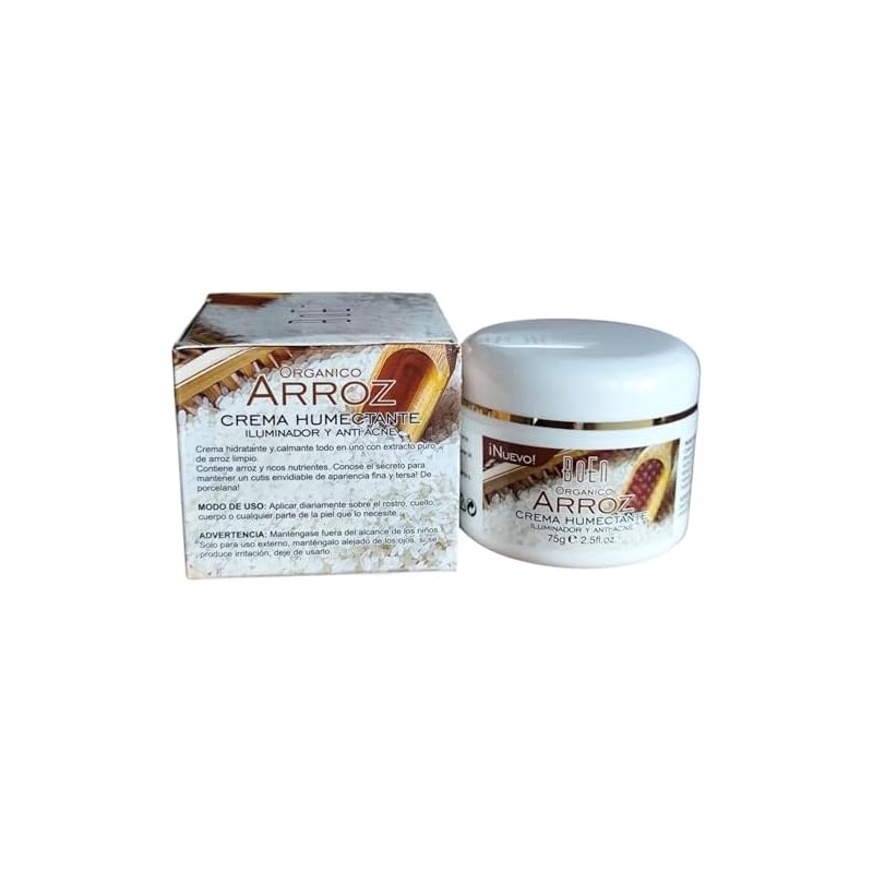 Crema Humectante Orgánica de Arroz, Iluminadora y Anti-Acné, 75g