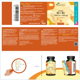Vitamin D3 K2 High Dose | 100% Vegan | 7,000 IU Vitamin D3 + 200 µg Vitamin K2 Depot per Capsule | Laboratory Tested & Without Preservatives | Vegavero®