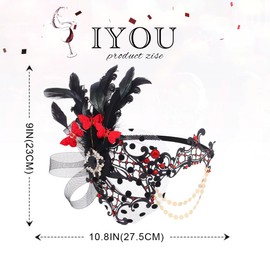 IYOU Women Masquerade Mask Feather Mask Red Mardi Gras Masks Venetian Prom Costume Ball Metal Eye Mask for Women