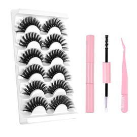 FAIRYGATE False Eyelashes with Glue Faux Mink Lashes 6 Pairs Pack Dramatic Long Eyelash Thick Fluffy Volume Crossed Eye Lash Reusbale Soft Multipack，B5507