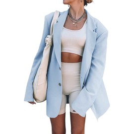 Grlasen Women Casual Elegant Long Sleeve Oversized Lapel Blazers Open Front Solid Work Office Jacket Blazer Light Blue