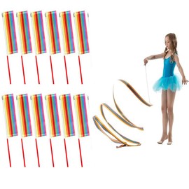12 Pcs Dance Ribbon, Rhythmic Gymnastics Ribbon, Rainbow Streamers Wand for Party Favors, Twirler Sticks Dance Flags, for Artistic Dancing, Circus Carnival Talent Shows, Birthday Decoration Supplies