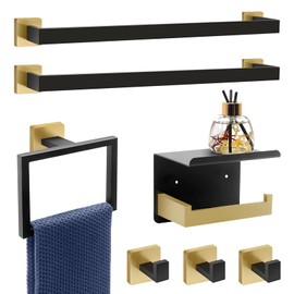 Dorudon Atrox 7-Piece Bathroom Set - Black & Gold Accessories Set - Square Towel Bar 2x23'', Hand Towel Rack, Toilet Paper Holder, 3x Towel Hook, Bathroom Hardware
