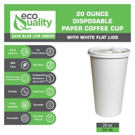 EcoQuality Durable Disposable Paper Cups & Flat Lids For Hot/Cold Drink, Coffee, Tea, Cocoa, Travel - Extra Large 20 Ounce Cups, 250 Count Cups & 250 White Flat Lids - White