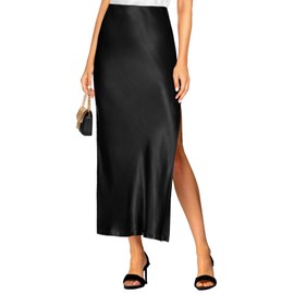 Women's 2025 Summer Satin Maxi Skirts High Waisted Spring Silk Casual A-Line Cocktail Party Long Skirt, Black, X-Large
